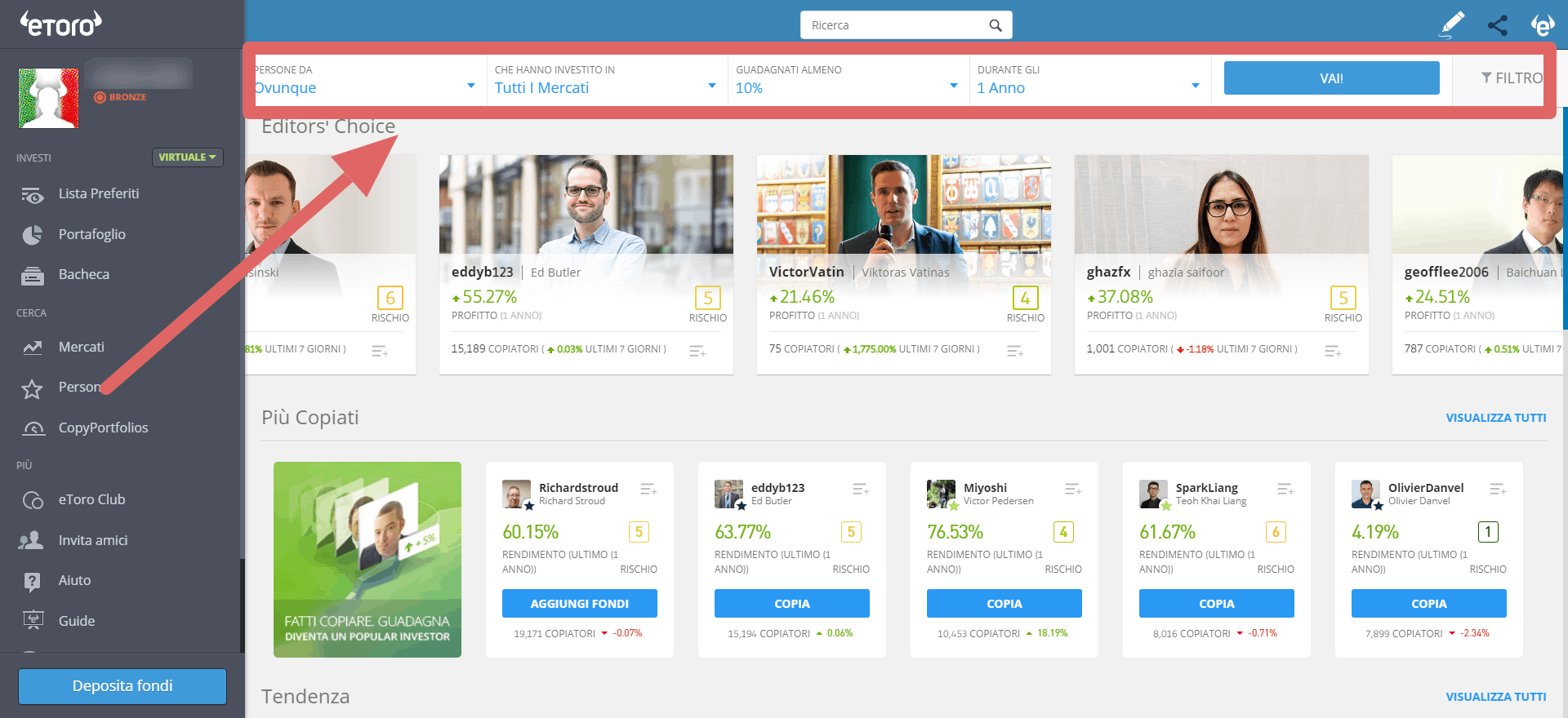 trovare i trader da copiare su eToro