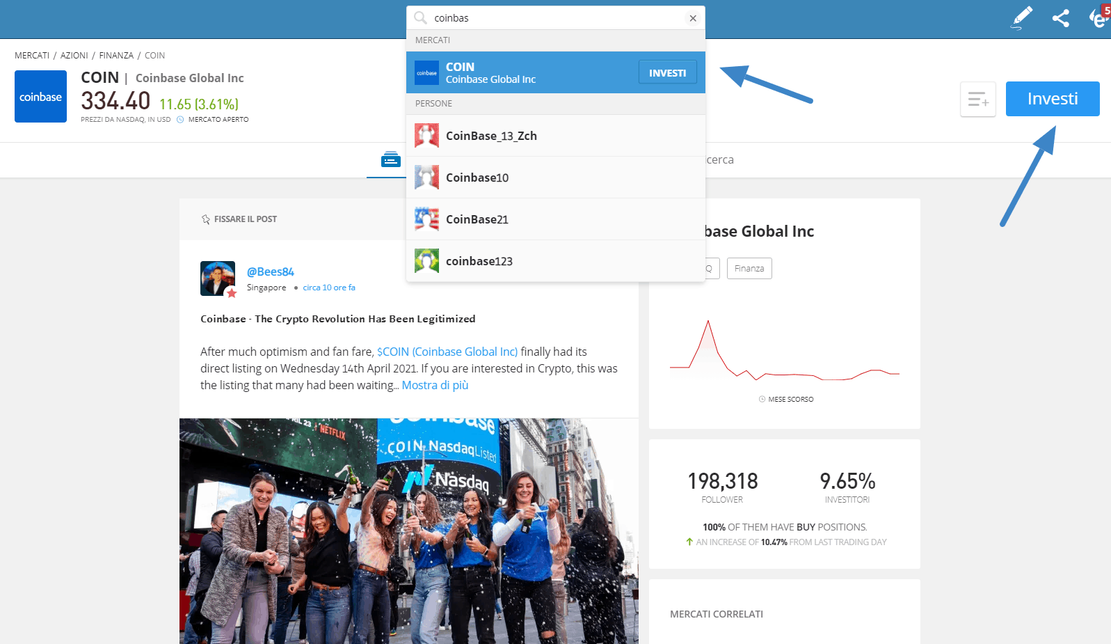 comprare azioni coinbase  usando eToro