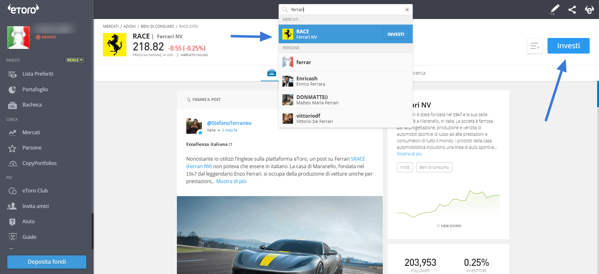 comprare azioni Ferrari online su eToro