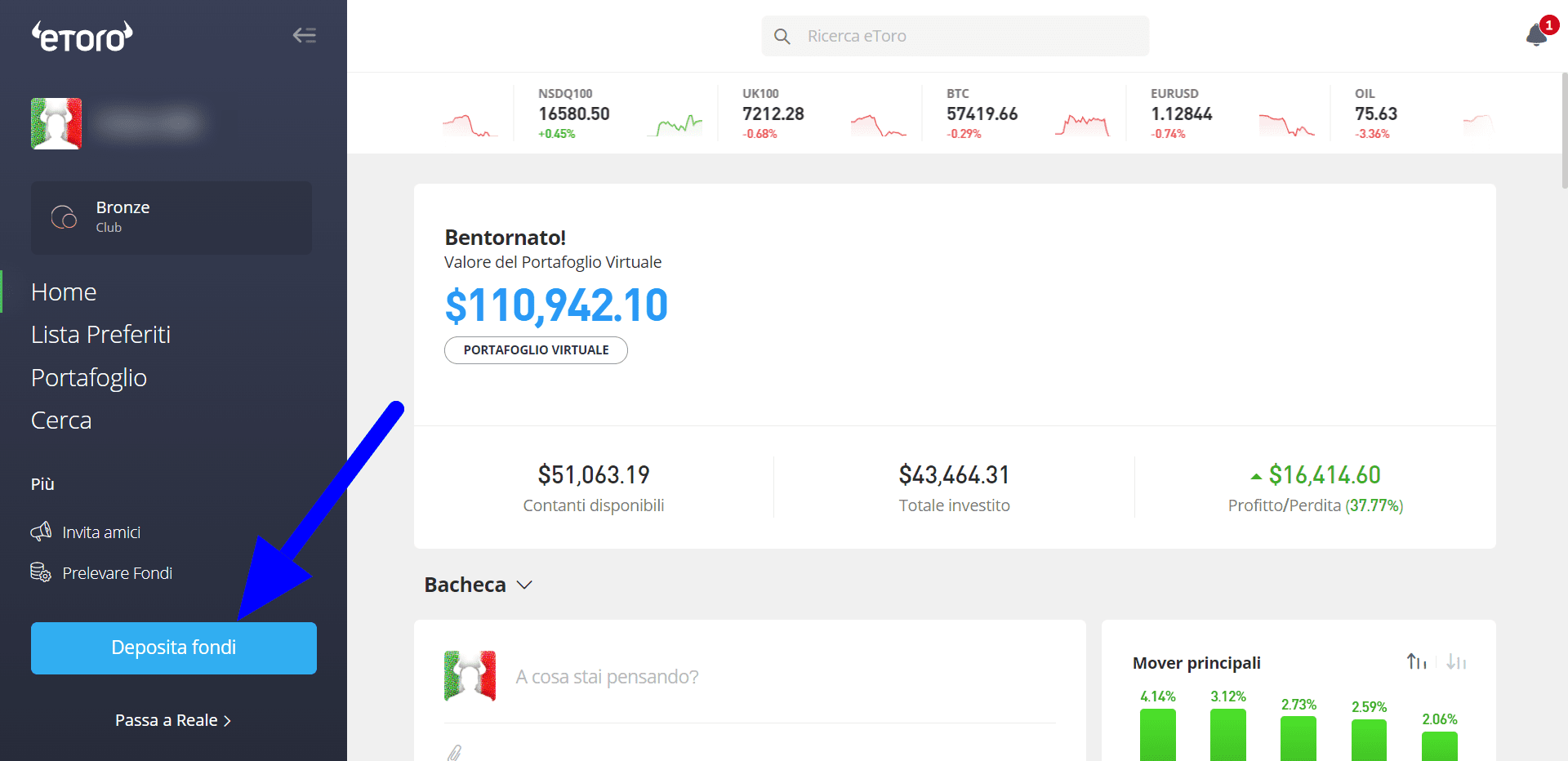 depositare fondi sul conto reale di etoro